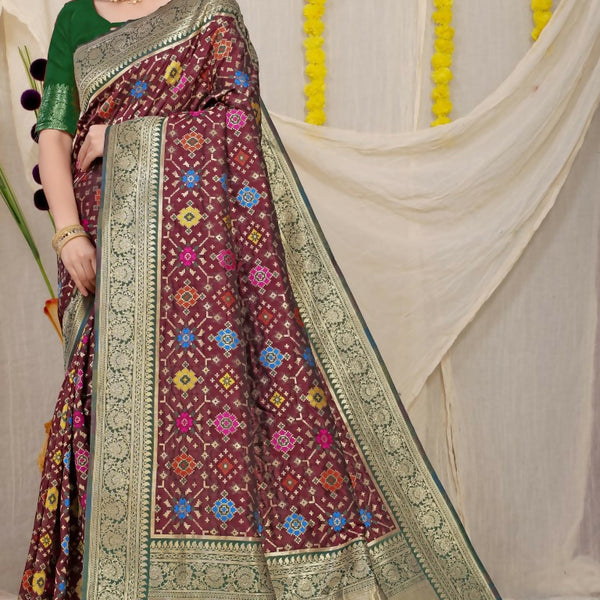 Jyoti Fashion Women's Wine Patola Silk Zari Woven Saree with Blouse - Distacart