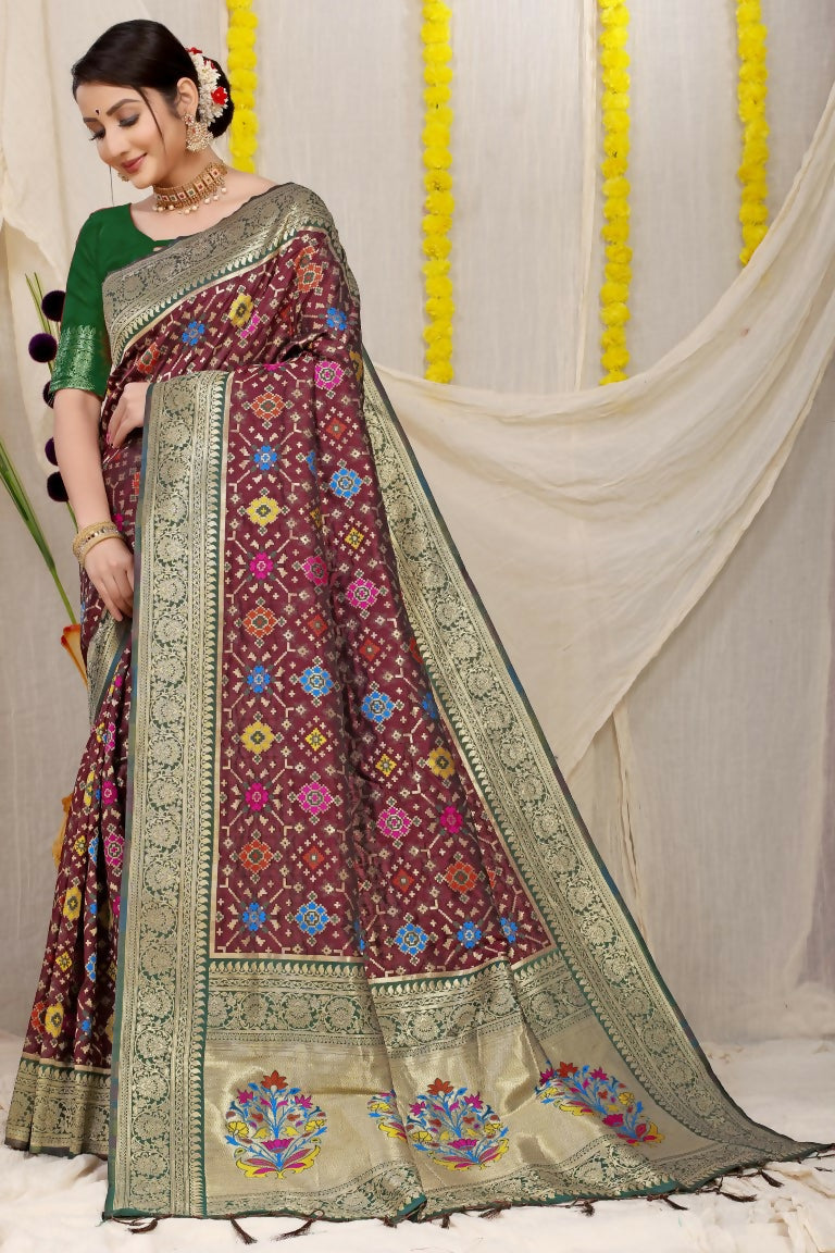 Jyoti Fashion Women's Wine Patola Silk Zari Woven Saree with Blouse - Distacart