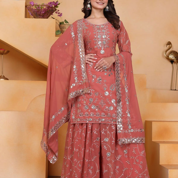 Joban Fashion Pink Georgette Embroidered Sharara Set - Distacart