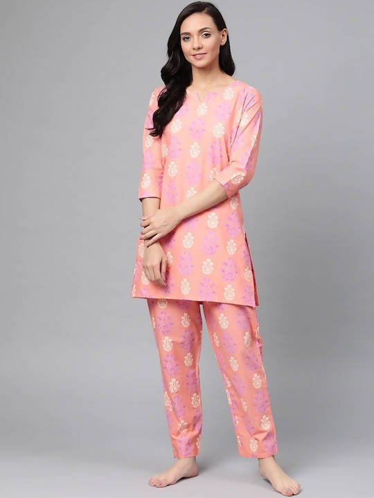Anubhutee Peach-Coloured & Purple Printed Cotton Night suit - Distacart