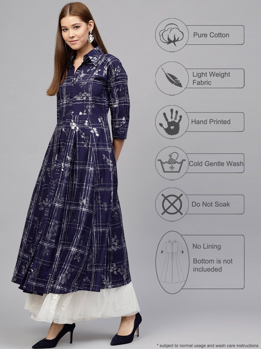 Ahalyaa Women's Navy Blue Cotton Printed Kurta