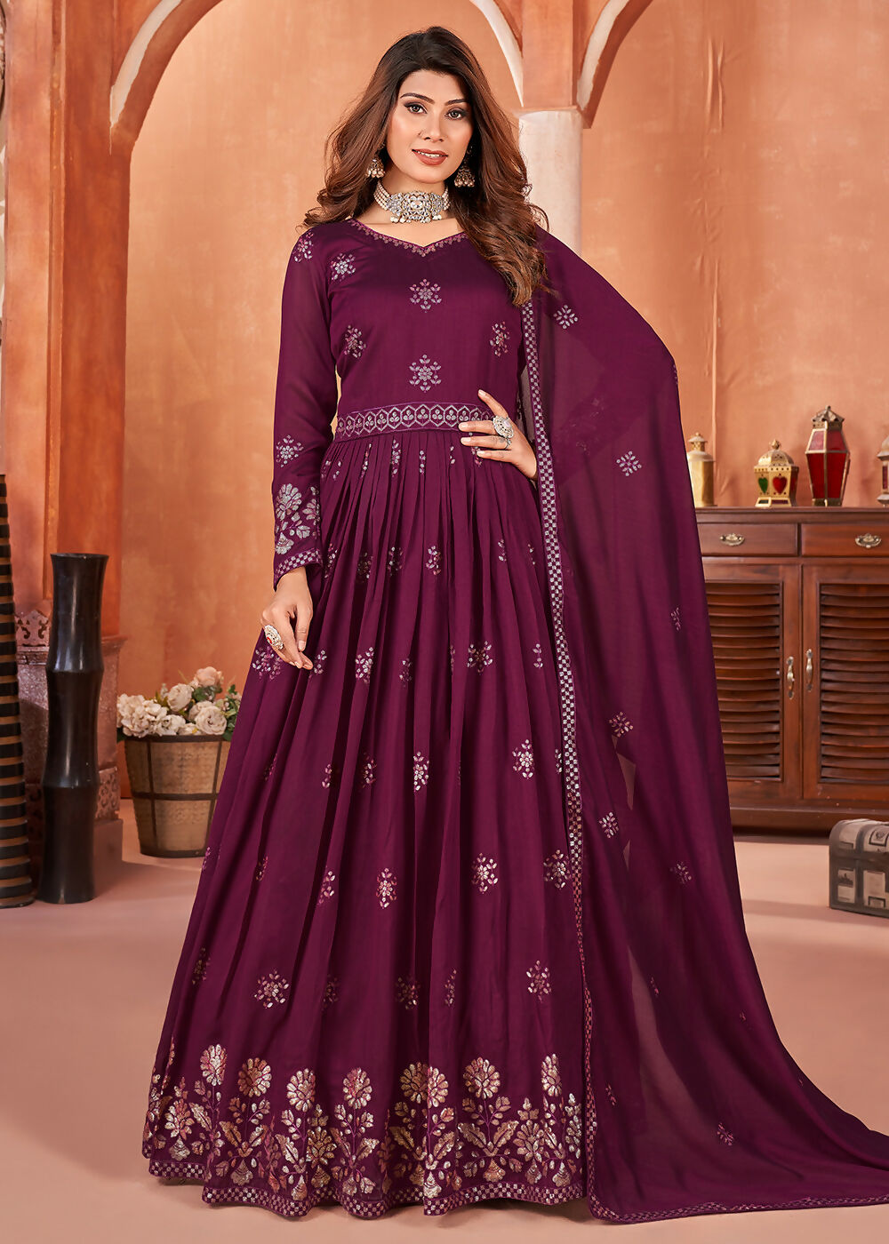 Wine Purple Festive Embroidered Art Silk Anarkali Suit - Emponline - Distacart