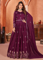 Thumbnail for Wine Purple Festive Embroidered Art Silk Anarkali Suit - Emponline - Distacart