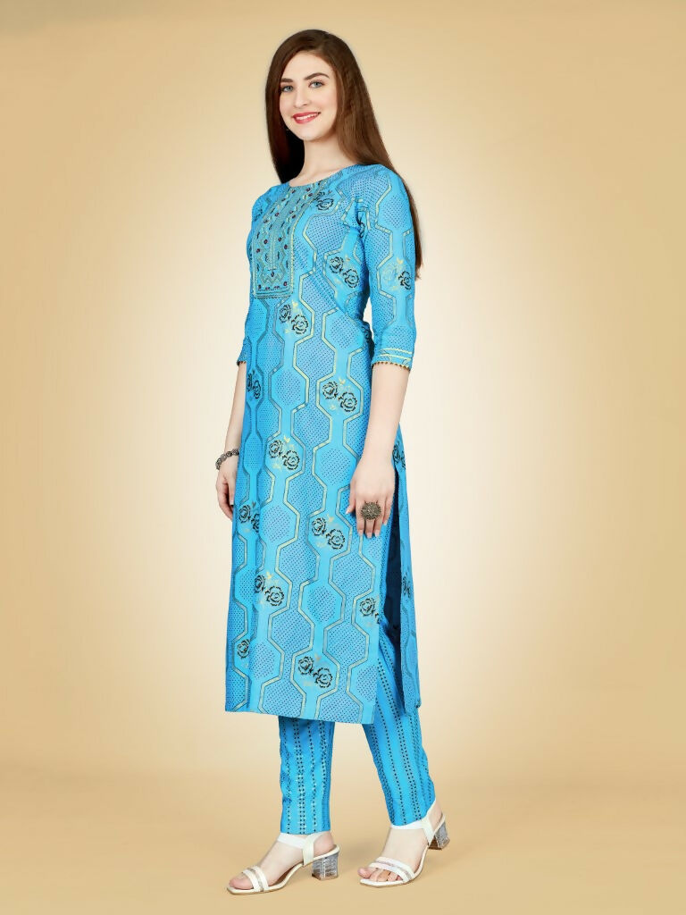 Jyoti Fashion Women's Sky Blue Viscose Rayon Embroidered Kurta Pant Set - Distacart