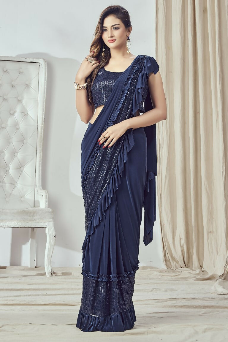 Mahotsav Women's Navy Blue Lycra Embellished Ready To Wear Saree With Stitched Blouse - Distacart