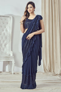 Thumbnail for Mahotsav Women's Navy Blue Lycra Embellished Ready To Wear Saree With Stitched Blouse - Distacart