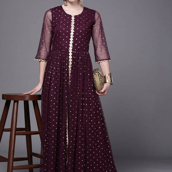 Ahalyaa Women Burgundy Polka Dots Fit & Flare Maxi Ethnic Dress - Distacart
