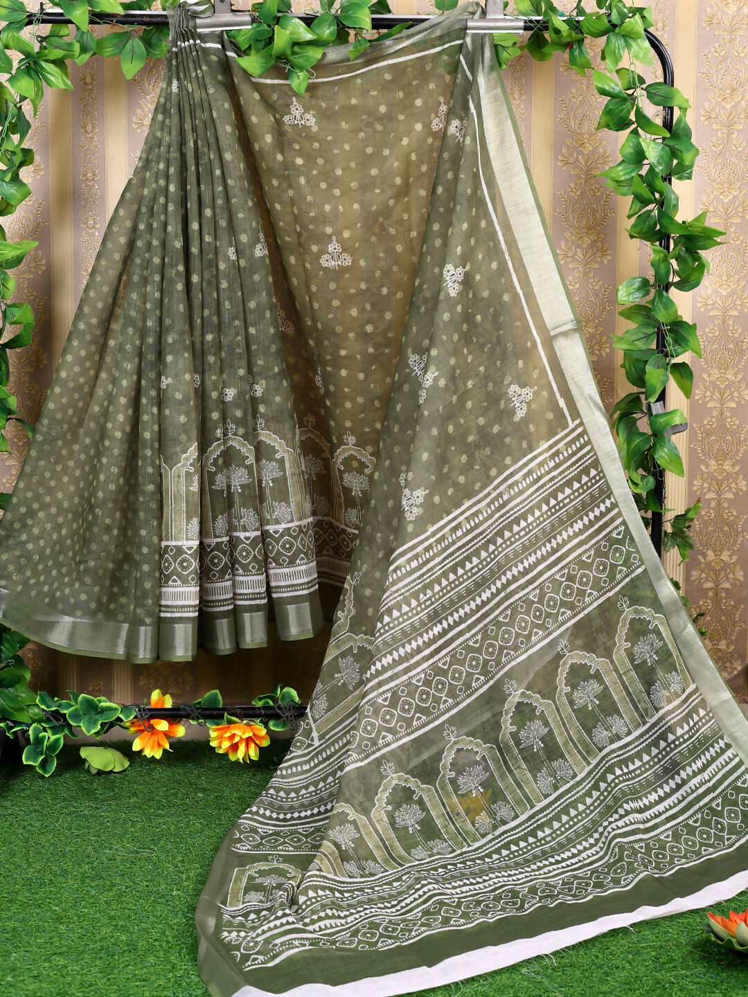 Astita Cotton Dark Green Saree