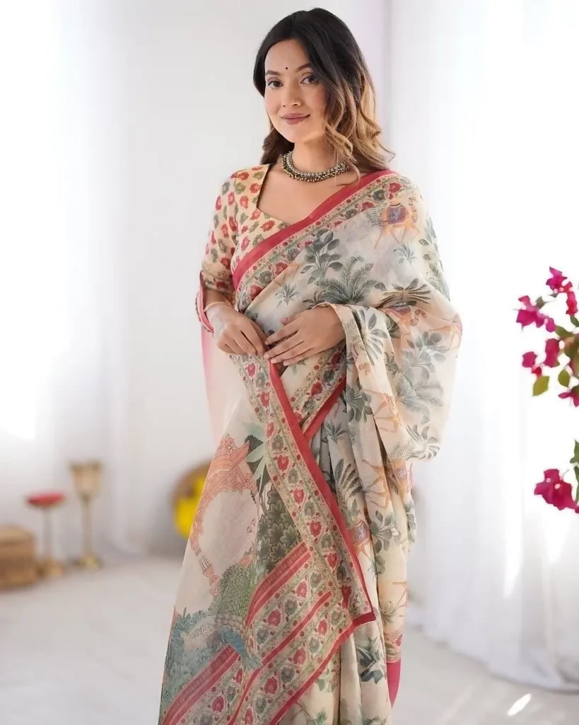 Prime Volt Cream Linen Tissue Silk Saree with Floral & Elephant Print, Decorative Pink Border and Matching Blouse