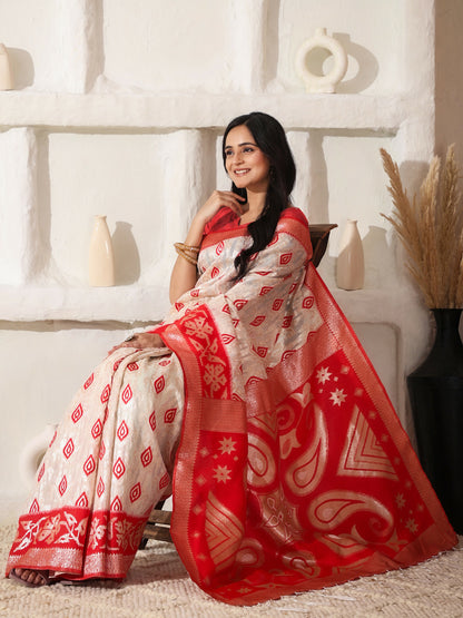 Shree Shyam Fashion Linen Cotton Red & White Saree - Distacart