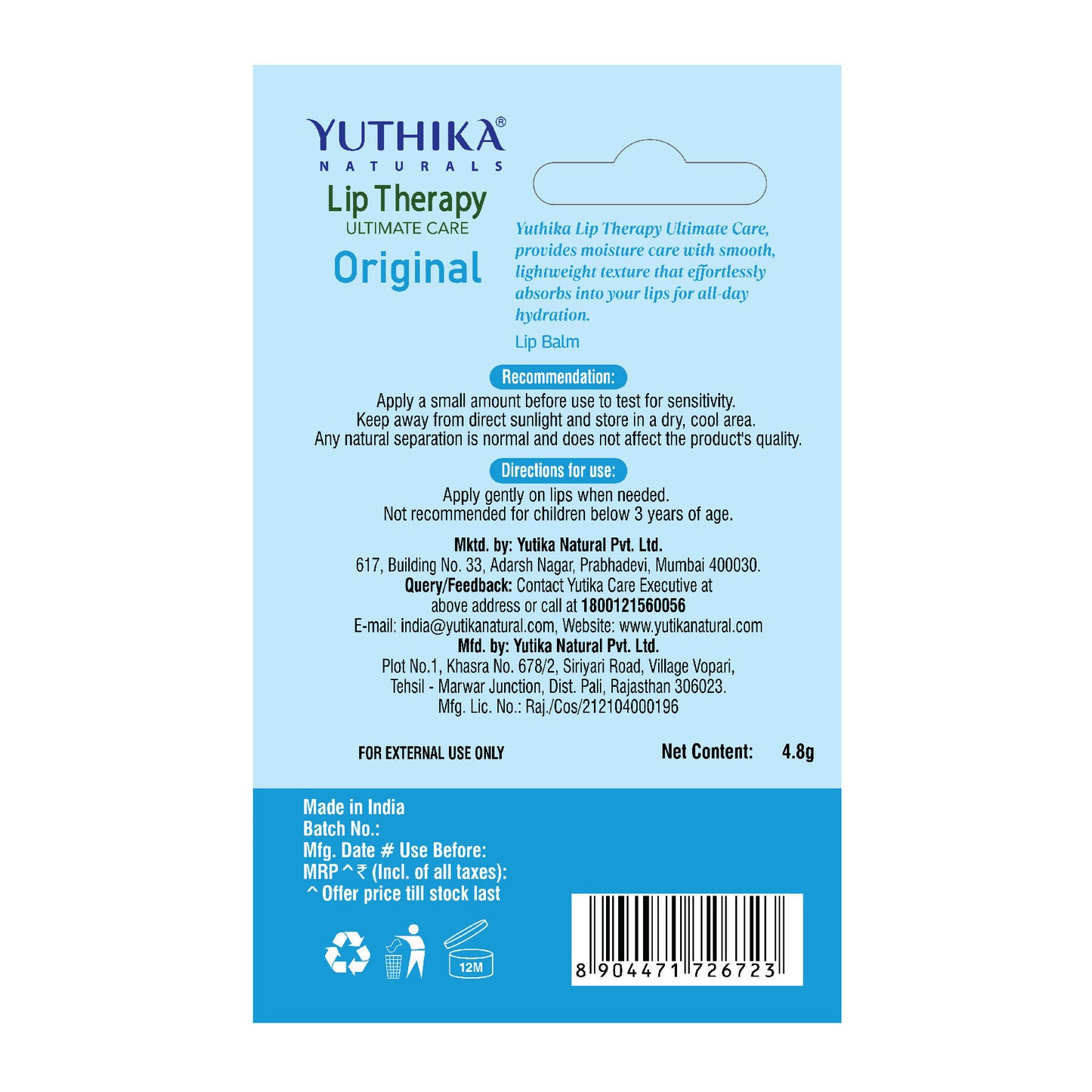 Yuthika Moisturizing Lip Balm – Original - Distacart