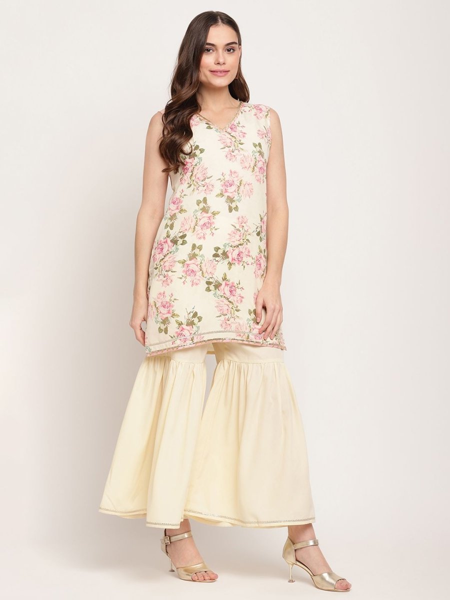 Ahalyaa Women's Beige Crepe Digital Floral Print Kurta Sharara Set with Dupatta - Distacart