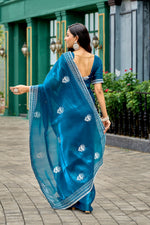 Thumbnail for Vastranavya Sea Blue Embroidery Work Shimmer Chiffon Saree with Unstitched Blouse