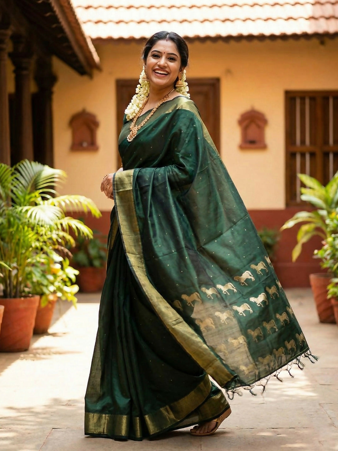 Astita Bottle Green Soft Silk Saree - Distacart