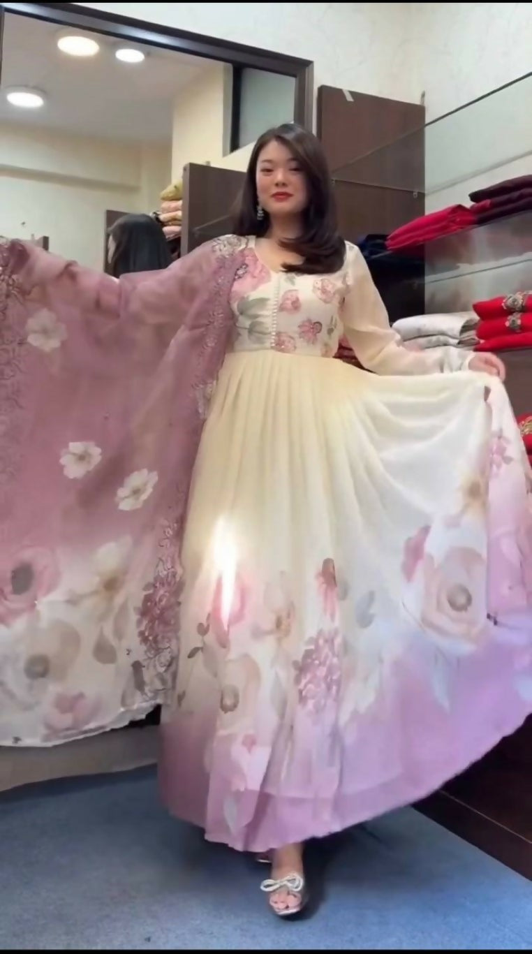 Teeya Creation Multi Color Faux Georgette Digital print With Embroidery Gown