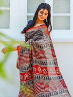 Thumbnail for Zibaa Hand-Blocked Pure Maheshwari Silk Navy Blue Saree