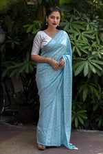 Thumbnail for Sky Blue Poly Georgette Woven Design Saree with Unstitched Blouse - Hiral Fashion - Distacart