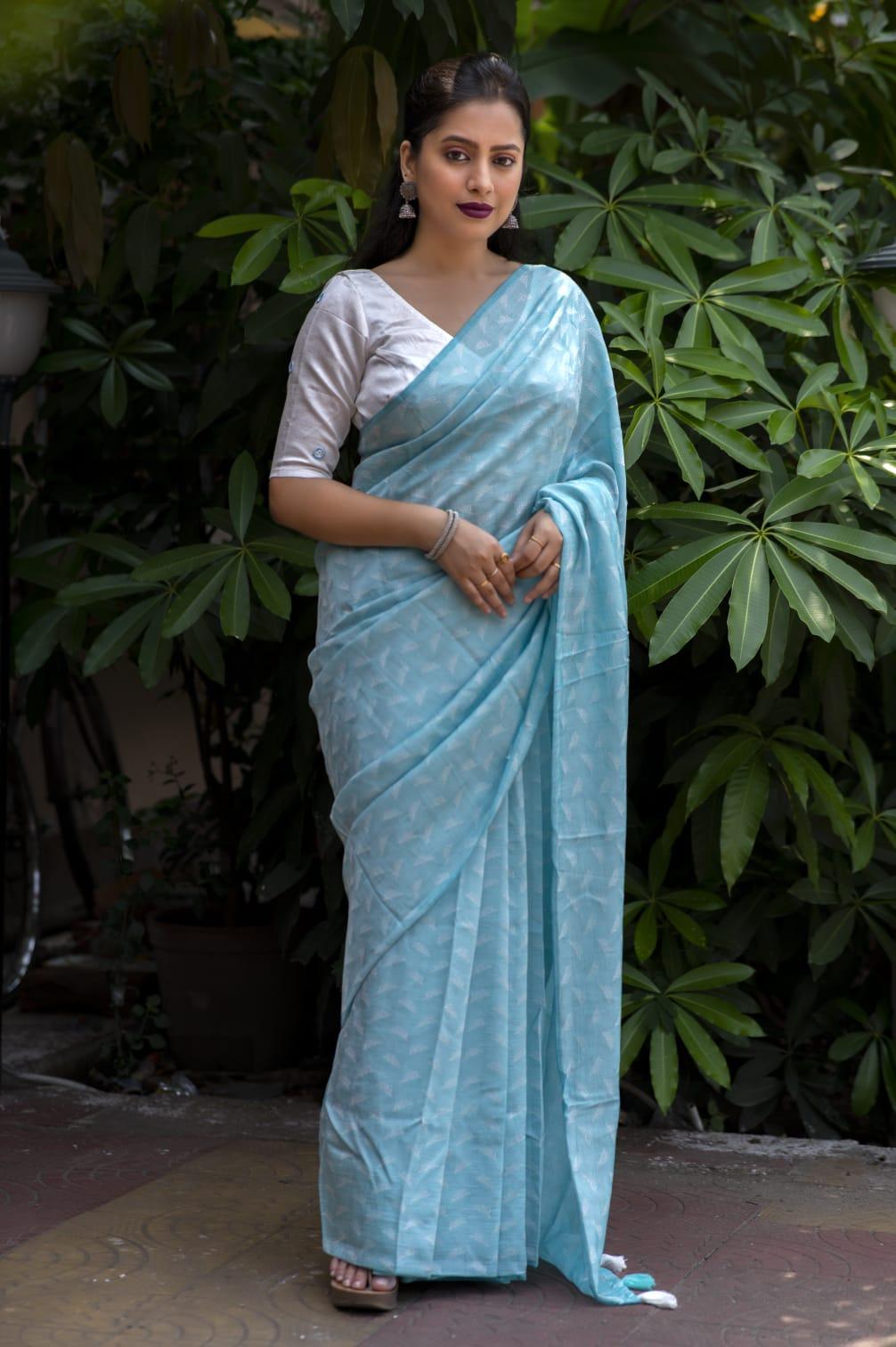 Sky Blue Poly Georgette Woven Design Saree with Unstitched Blouse - A2M - Distacart