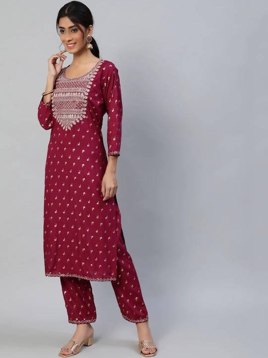 Anubhutee Maroon Embroidered Kurta with Palazzos & Dupatta - Distacart
