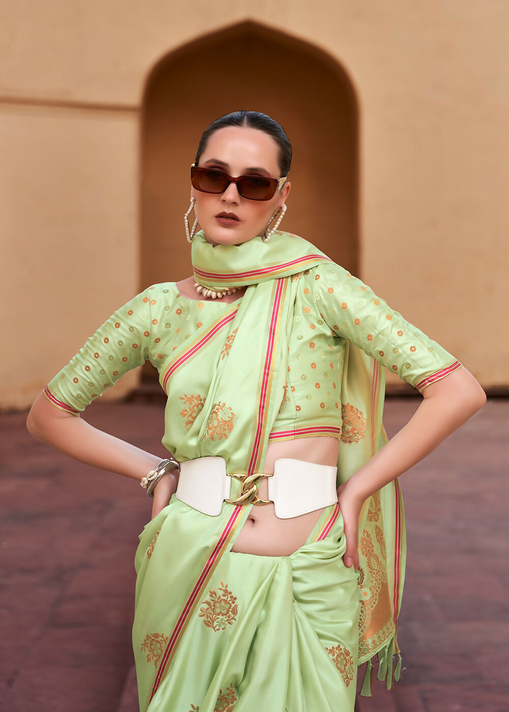 Sprout Green Pure Satin Zari Weaving Wedding Festive Saree - Emponline - Distacart