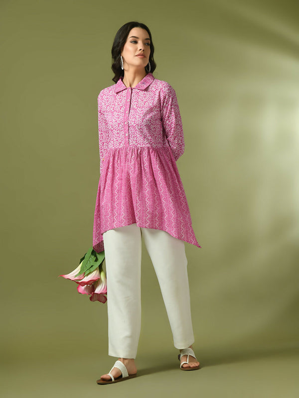 Myshka Women's Pink Embellished Cotton Gathered Party Empire Top - Distacart