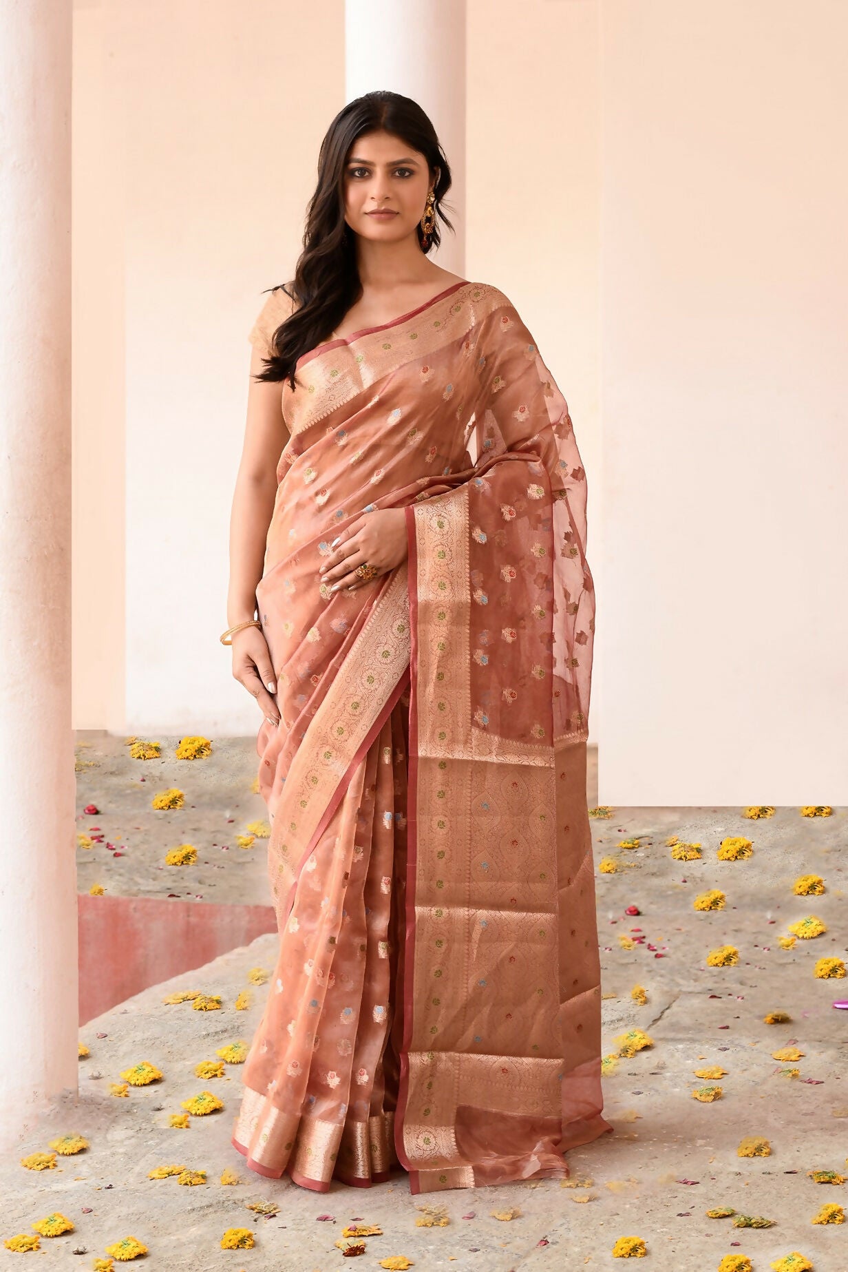 Joban Fashion Rose Gold Pure Banarasi Tissue Saree