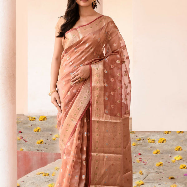 Joban Fashion Rose Gold Pure Banarasi Tissue Saree