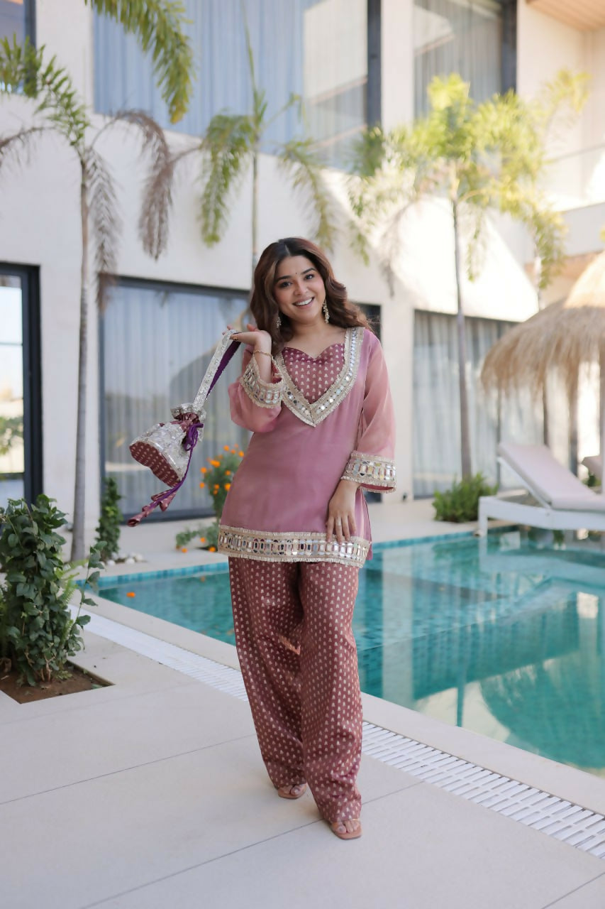 Teeya Creation Womens New Wedding Wear Peach Color Salasa Fabrics With Mirror & Lace Work Kurta Pant Set - Dista