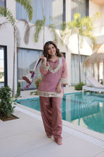 Thumbnail for Teeya Creation Womens New Wedding Wear Peach Color Salasa Fabrics With Mirror & Lace Work Kurta Pant Set - Dista