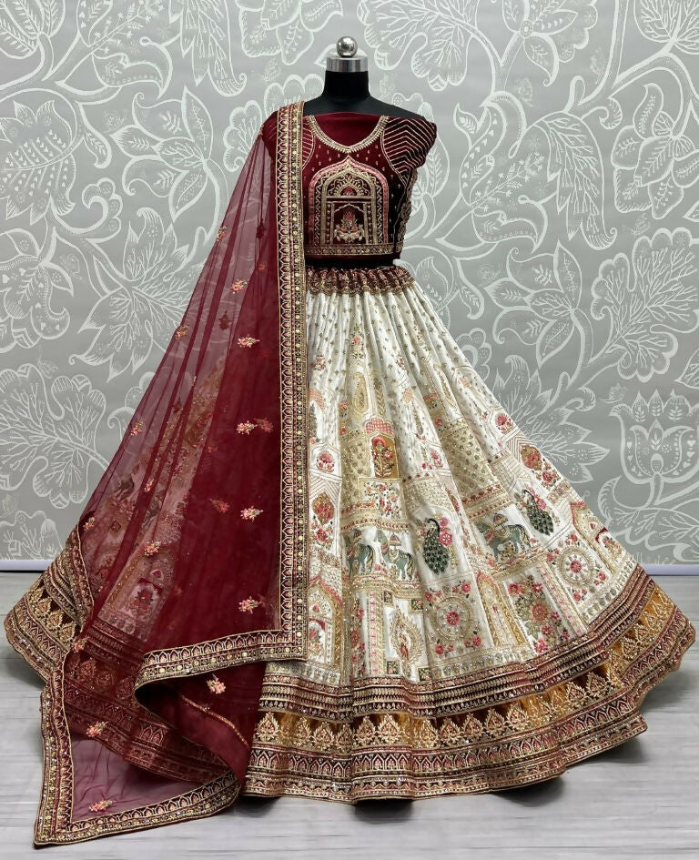 Jyoti Fashion Women's White Velvet Fancy Dori & Sequins with Multi Thread Embroidered with Diamond Work Wedding Lehenga Choli - Distacart
