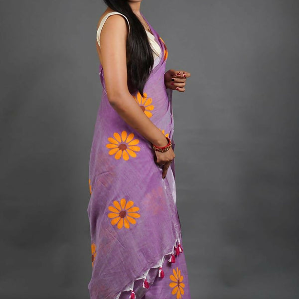 Exclusive Collection Pink Pure Cotton Saree With Sunflower Design