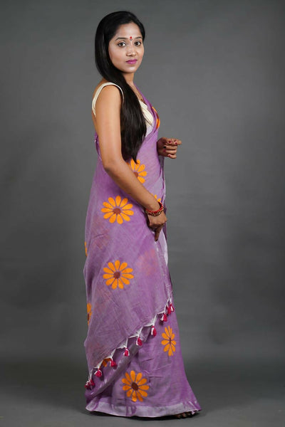 Exclusive Collection Pink Pure Cotton Saree With Sunflower Design