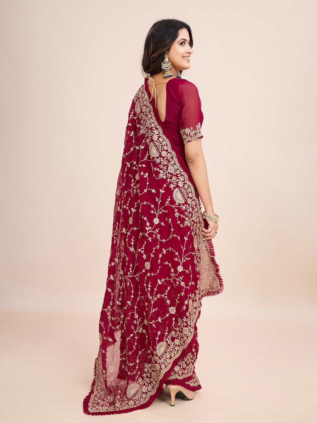 kasee Floral Embroidered Pure Georgette Ready to Wear Saree - Distacart