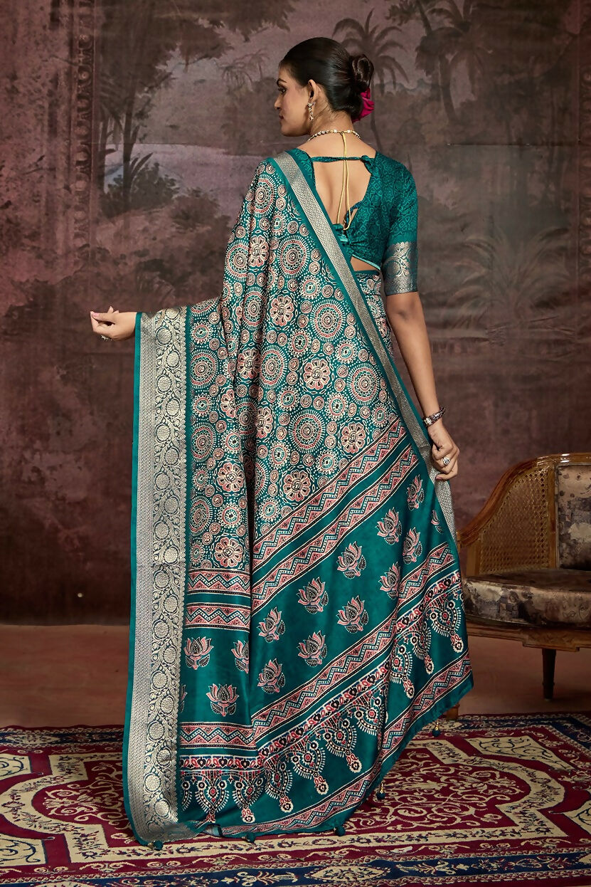Joban Fashion Teal Green Art Silk With Fine Viscose Border Ajrak Full Body Print With Soft Finish Saree
