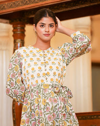 Thumbnail for Kaajh Women's White-Pink Floral Print Handblock Dress - Distacart