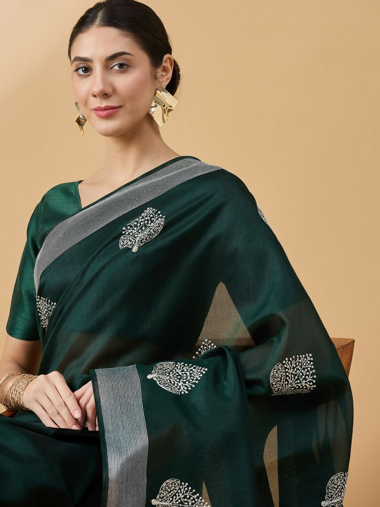 Green Cotton Blend Thread Embroidered Saree with Unstitched Blouse - Satya - Distacart