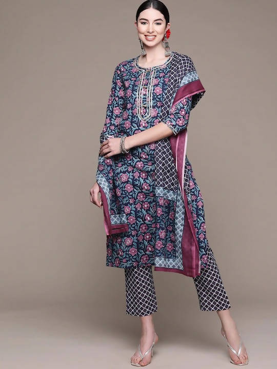 Anubhutee Blue Ethnic Motifs Printed Pure Cotton Kurta with Trousers & Dupatta - Distacart
