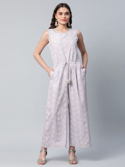 Ahalyaa Womens Blue Crepe Gold Printed Jumpsuit