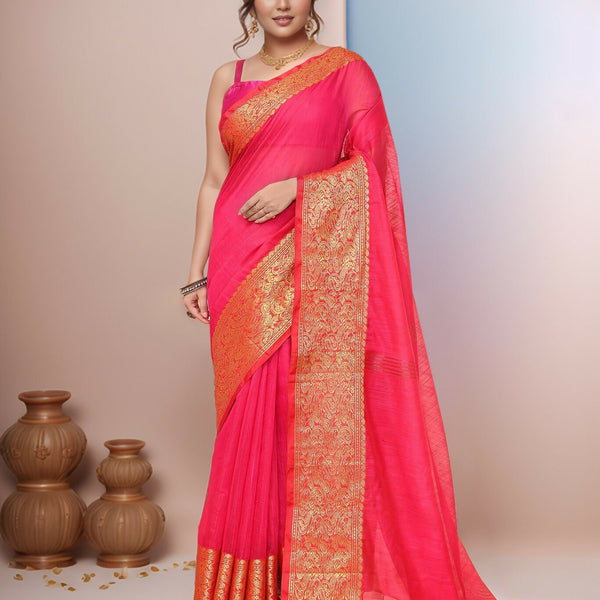 Joban Fashion Pink Cotton Blend Handloom Saree - Dista