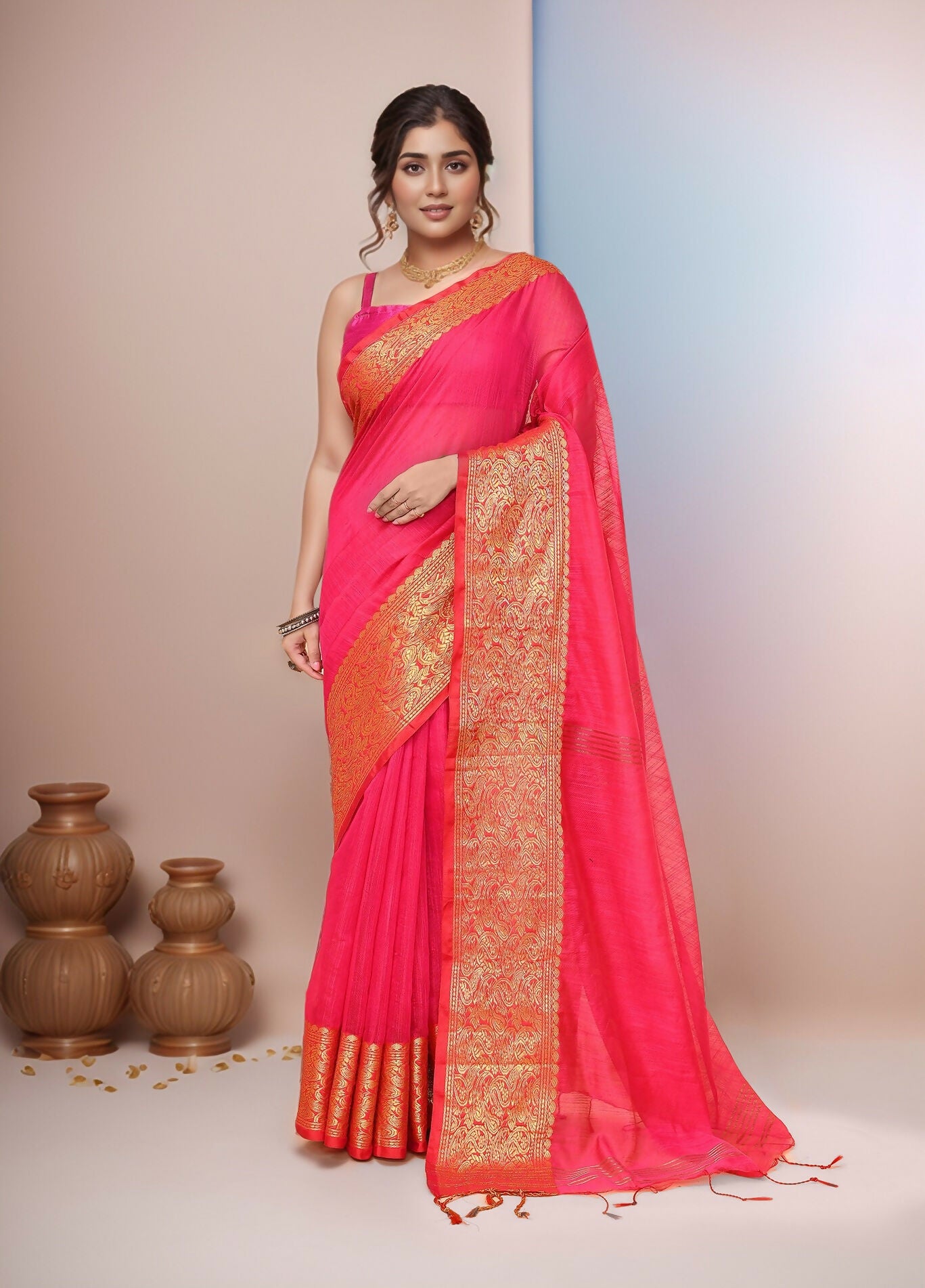 Joban Fashion Pink Cotton Blend Handloom Saree - Dista