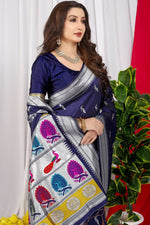 Thumbnail for Jyoti Fashion Women's Navy Blue Paithani Silk Zari Woven Saree with Blouse - Distacart