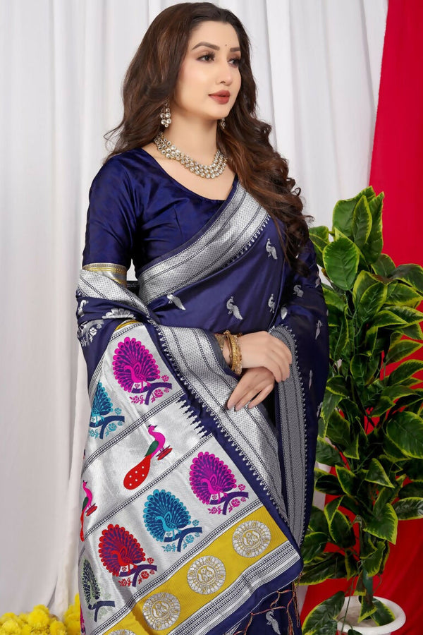 Jyoti Fashion Women's Navy Blue Paithani Silk Zari Woven Saree with Blouse - Distacart
