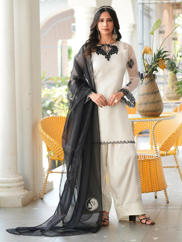 Nikhaar Cream Embroidered Organza Stitched Straight Cut Kurta Farshi Salwar Dupatta Readymade Suit - Dista