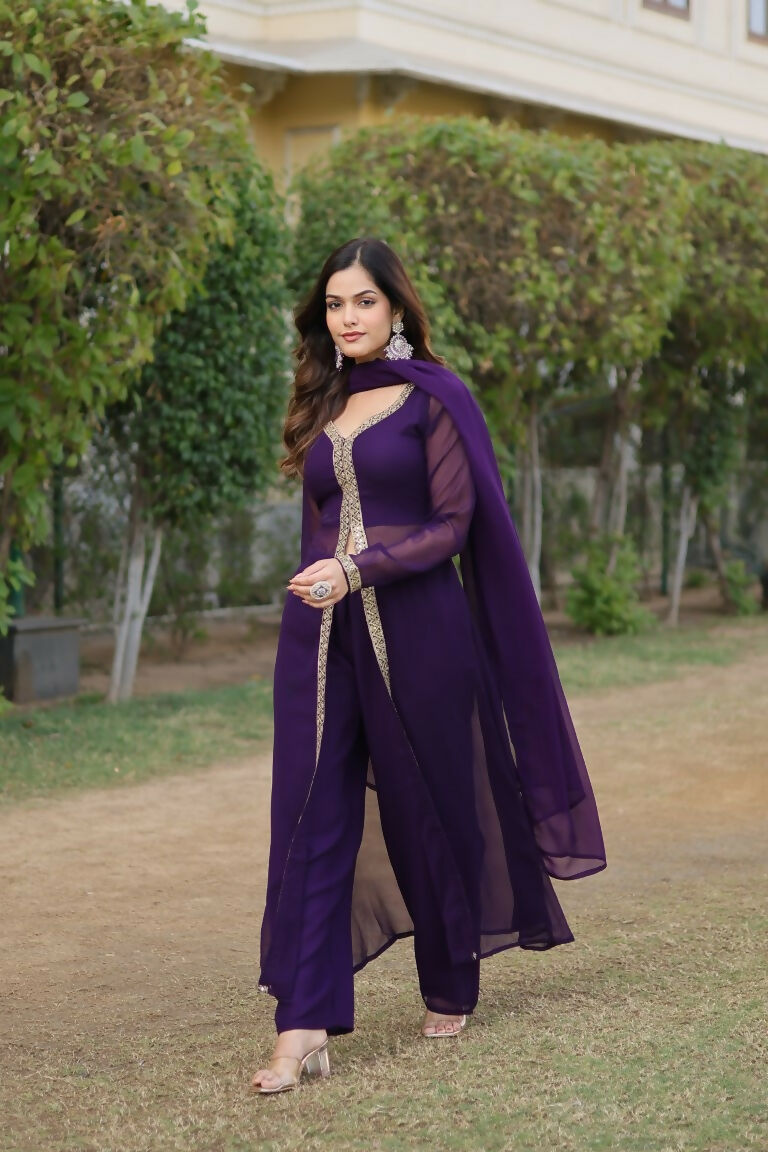 Jyoti Fashion Women's Purple Faux Blooming Embroidered Kurta with Trouser & Dupatta - Distacart