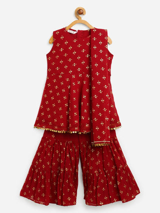 Ahalyaa Maroon Georgette Gold Foil Print Kids Peplum style Kurta Sharara Set With Dupatta For Girls - Distacart