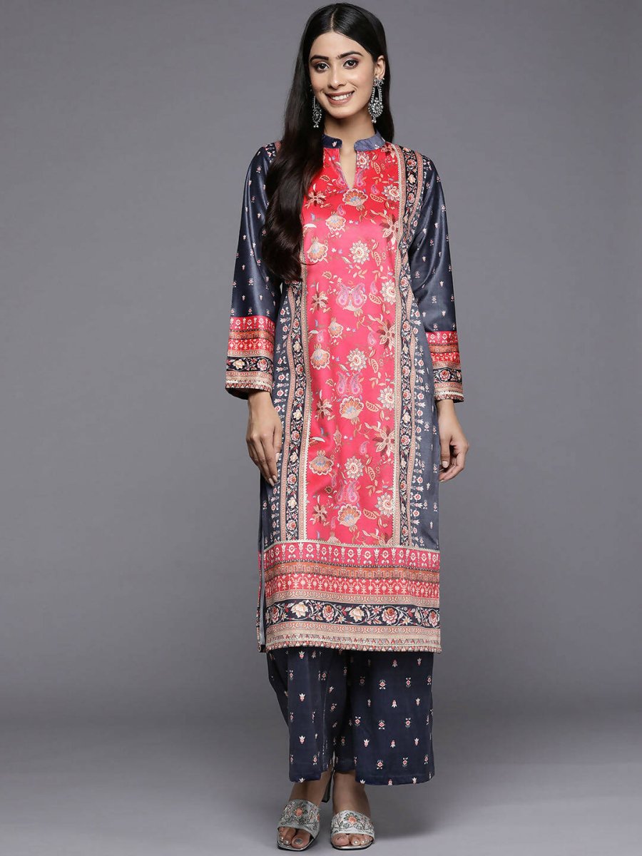 Ahalyaa Women Navy Blue Ethnic Motifs Printed Gotta Patti Velvet Kurta with Palazzos - Distacart