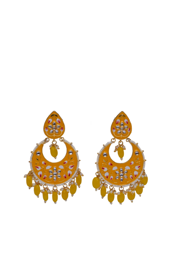 Yellow Gold-Polished Brass & Pearl Dangle Women Earrings| Hand Painted Meenakari Chandbali Traditional Ethnic Wear Earrings By House of Ree - Distacart