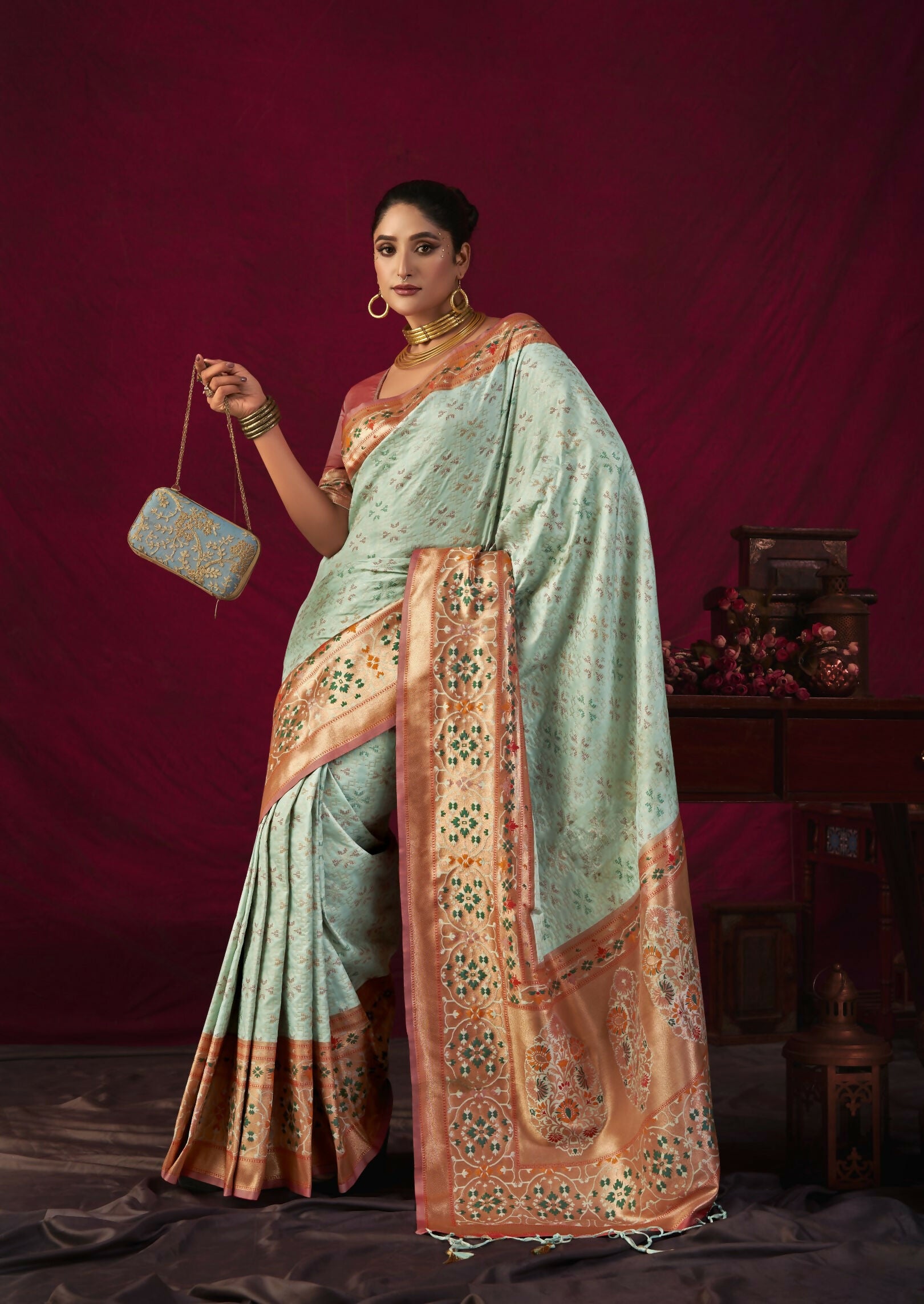 Vishnu Weaves Women's Sea-Green Paithani Silk Saree with Blouse - Distacart