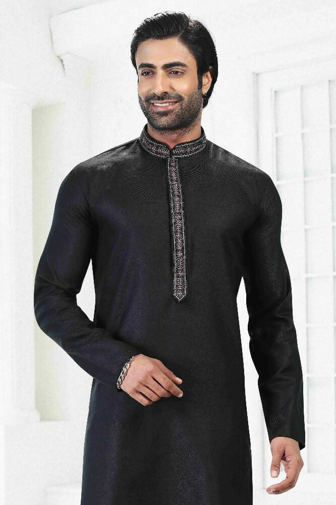 Raivat Ethnic Linen Cotton Thread Work Kurta Pajama In Black Colour - Dista