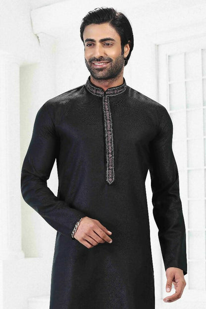 Raivat Ethnic Linen Cotton Thread Work Kurta Pajama In Black Colour - Dista
